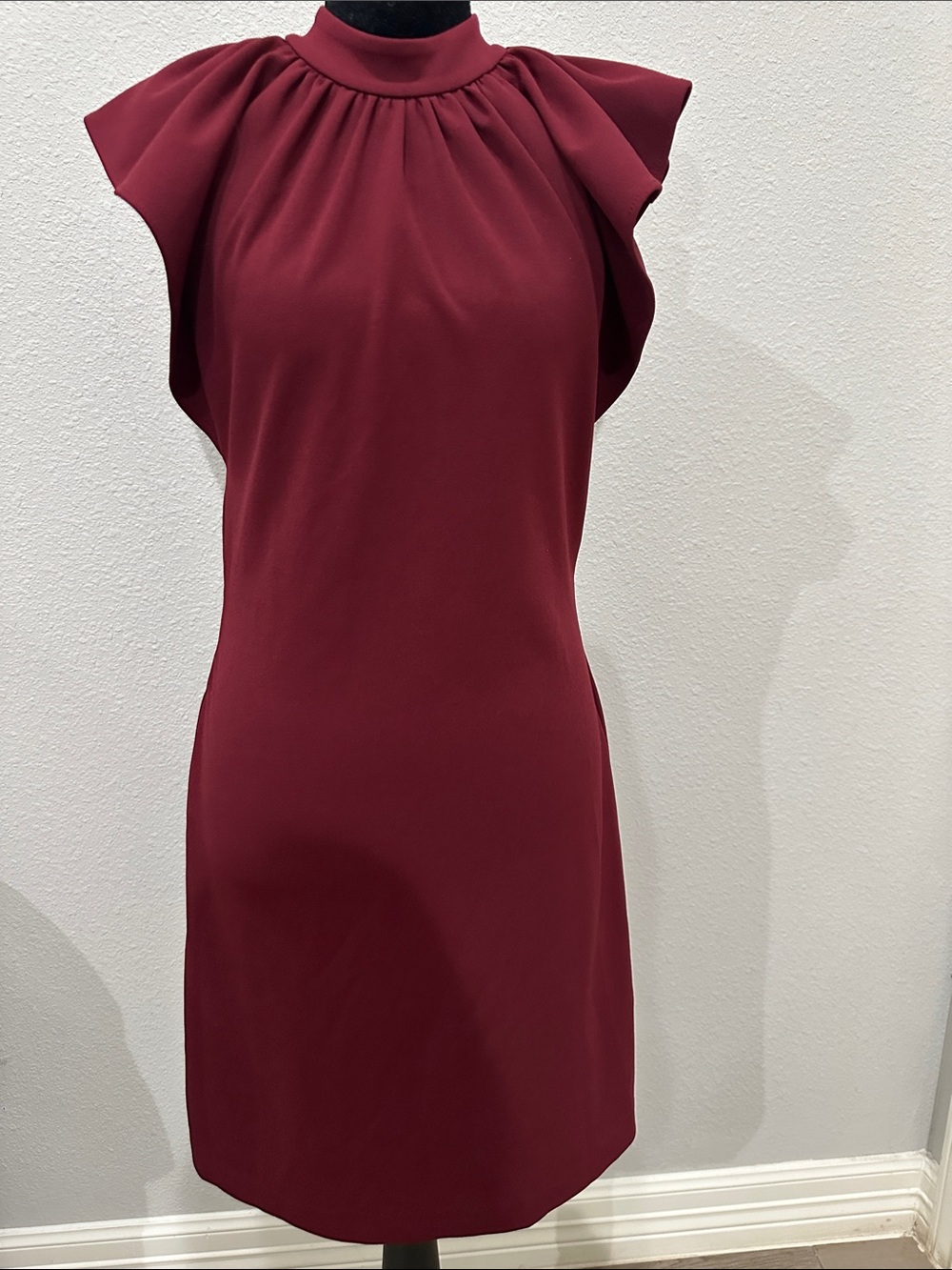 Elegant Burgundy Mock-Neck Flutter Sleeve Dress